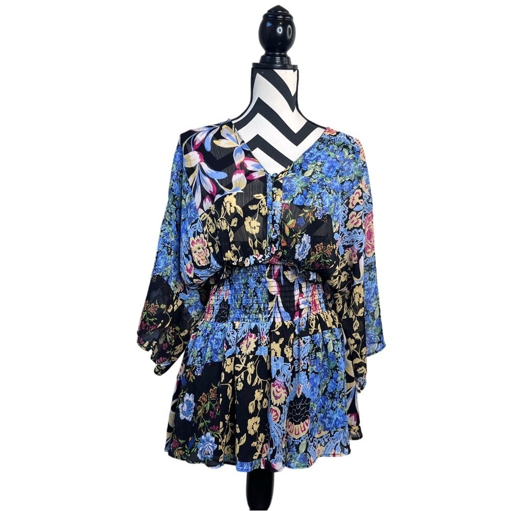 Zara Sheer Floral Boho Tropical Sz L Patchwork Smocked Waist Kimono Romper
